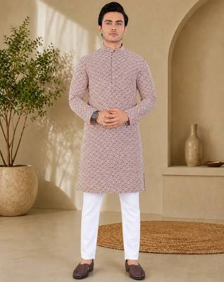 Brown color handcrafted luckhnawi chikankari cotton men's kurta payjama set 3