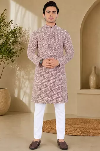 Brown color handcrafted luckhnawi chikankari cotton men's kurta payjama set