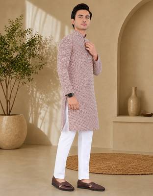 Brown color handcrafted luckhnawi chikankari cotton men's kurta payjama set 4