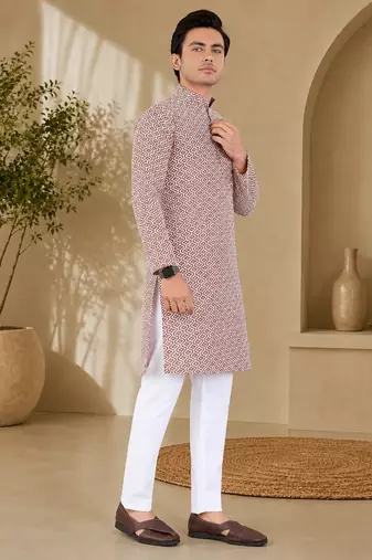 Brown color handcrafted luckhnawi chikankari cotton men's kurta payjama set