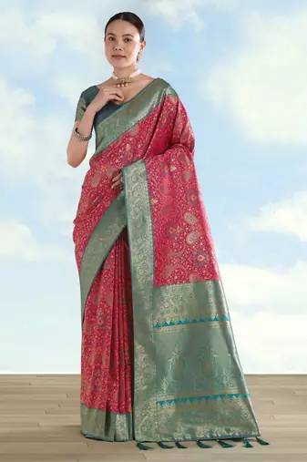 pink silk blend banarasi jacuard work saree with unstitched blouse piece