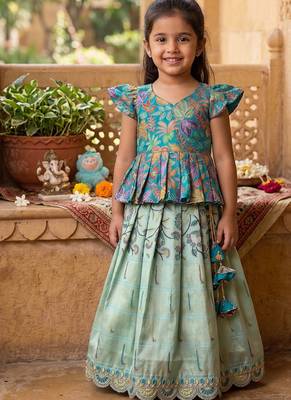 Kids tissue silk embroidered lehenga choli with mission work blouse 1