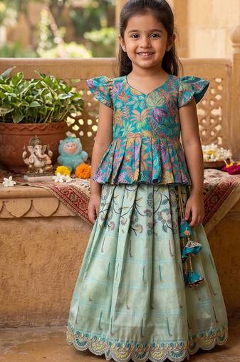 Kids tissue silk embroidered lehenga choli with mission work blouse