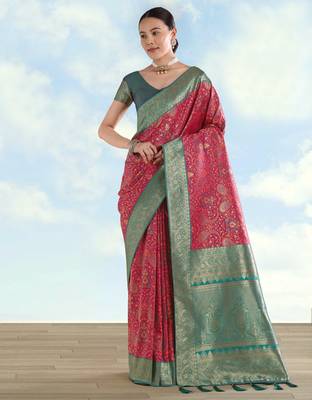 pink silk blend banarasi jacuard work saree with unstitched blouse piece 2