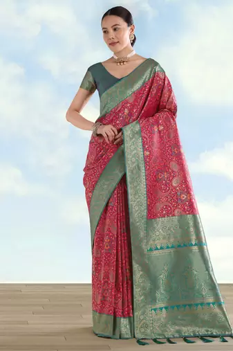 pink silk blend banarasi jacuard work saree with unstitched blouse piece