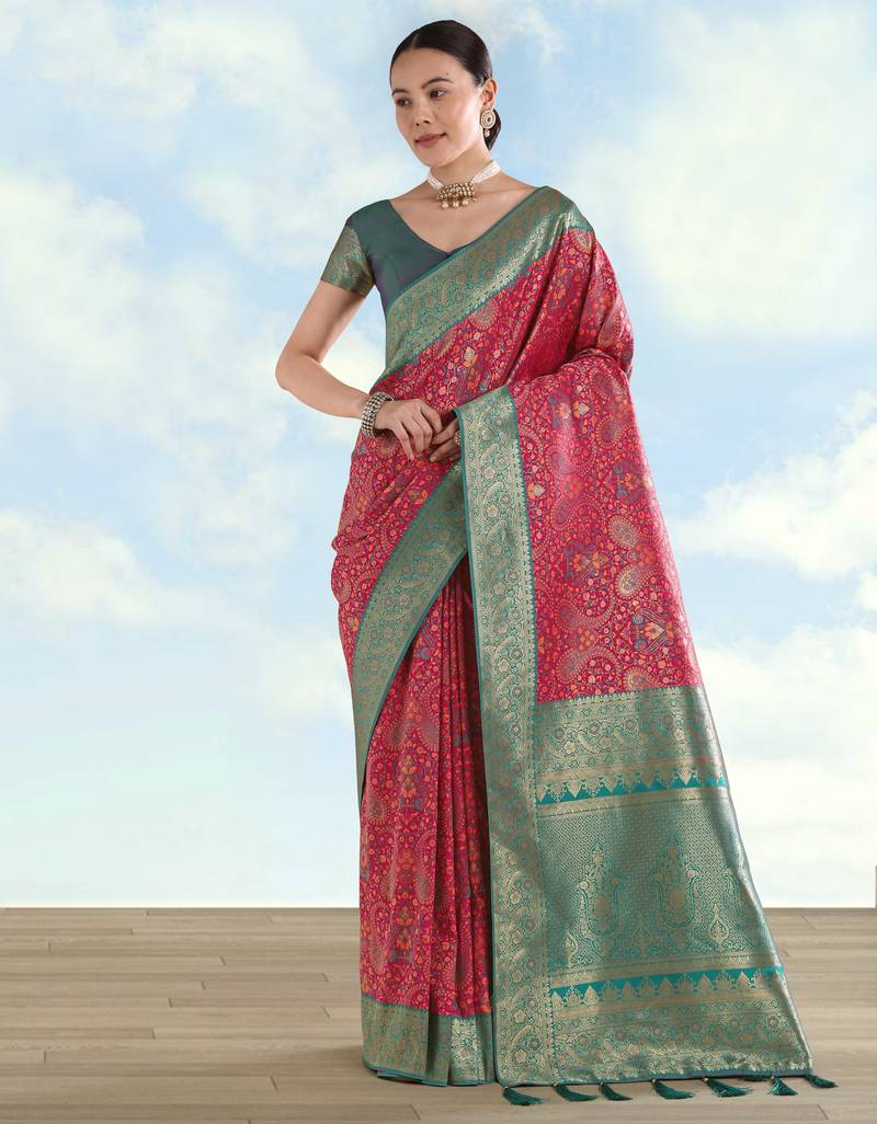 pink silk blend banarasi jacuard work saree with unstitched blouse piece