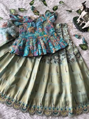 Kids tissue silk embroidered lehenga choli with mission work blouse 2
