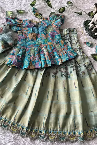 Kids tissue silk embroidered lehenga choli with mission work blouse