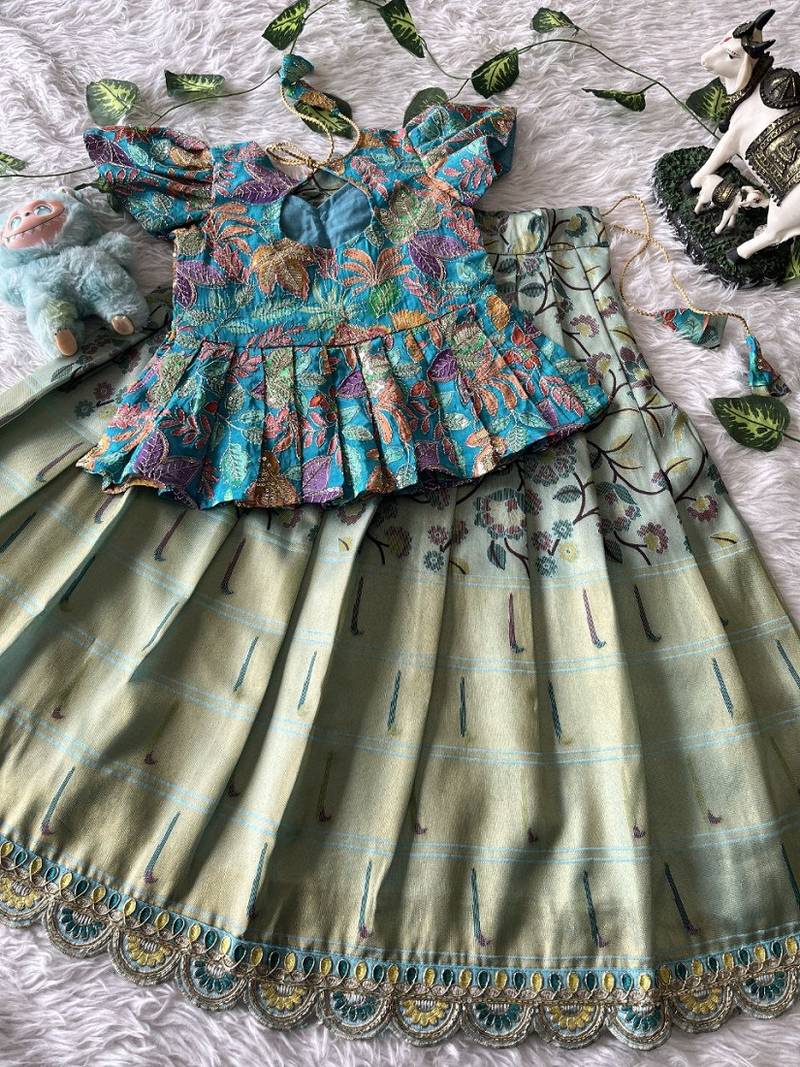 Kids tissue silk embroidered lehenga choli with mission work blouse