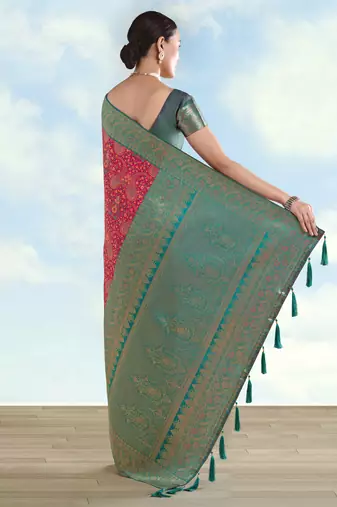 pink silk blend banarasi jacuard work saree with unstitched blouse piece