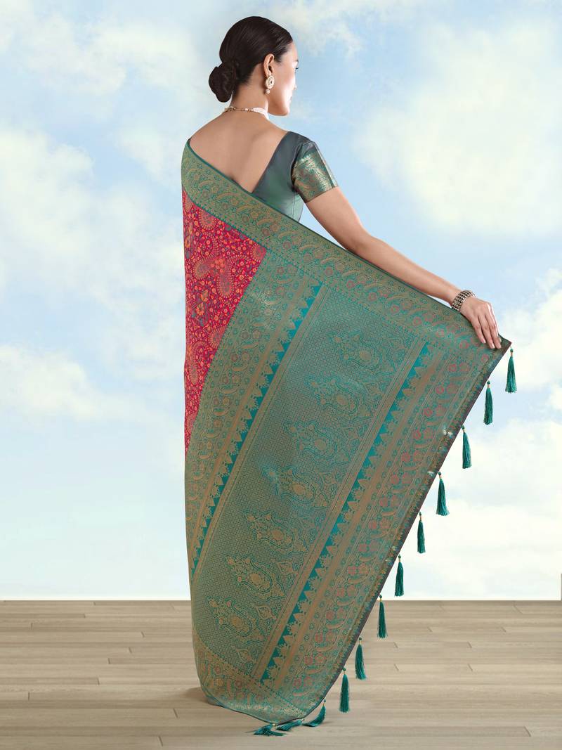 pink silk blend banarasi jacuard work saree with unstitched blouse piece