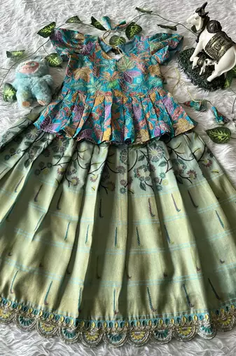 Kids tissue silk embroidered lehenga choli with mission work blouse