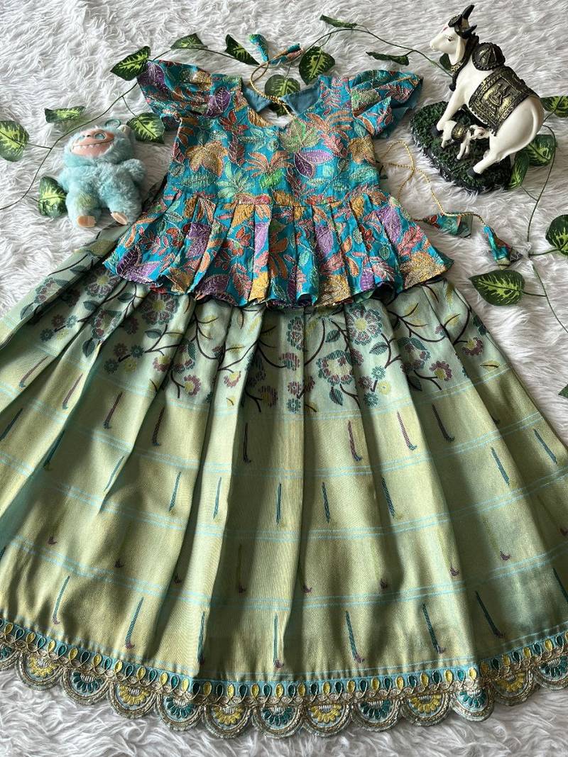Kids tissue silk embroidered lehenga choli with mission work blouse