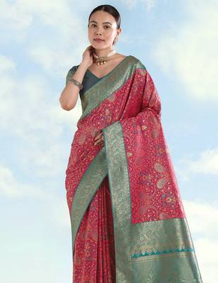 pink silk blend banarasi jacuard work saree with unstitched blouse piece 4
