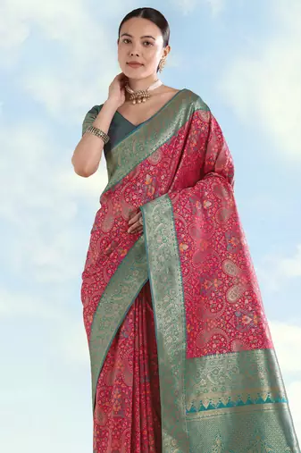 pink silk blend banarasi jacuard work saree with unstitched blouse piece