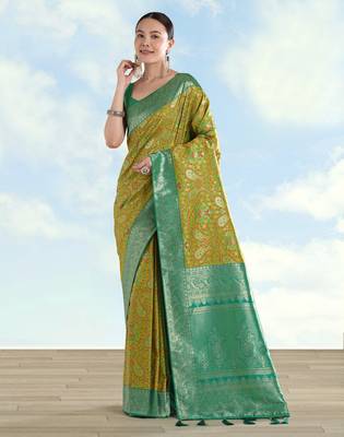parrot green silk blend banarasi jacuard work saree with unstitched blouse piece 1
