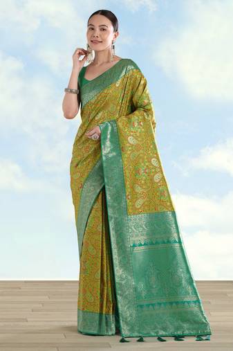 parrot green silk blend banarasi jacuard work saree with unstitched blouse piece
