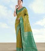 parrot green silk blend banarasi jacuard work saree with unstitched blouse piece