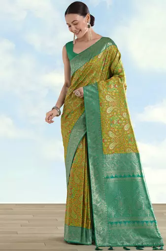 parrot green silk blend banarasi jacuard work saree with unstitched blouse piece