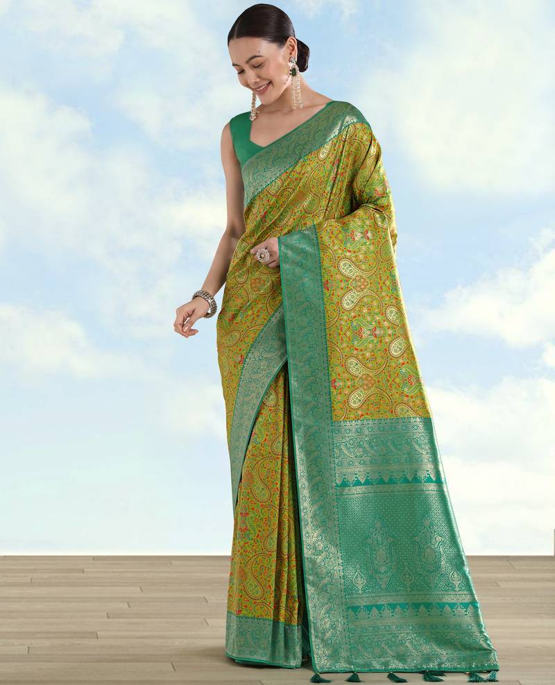 parrot green silk blend banarasi jacuard work saree with unstitched blouse piece