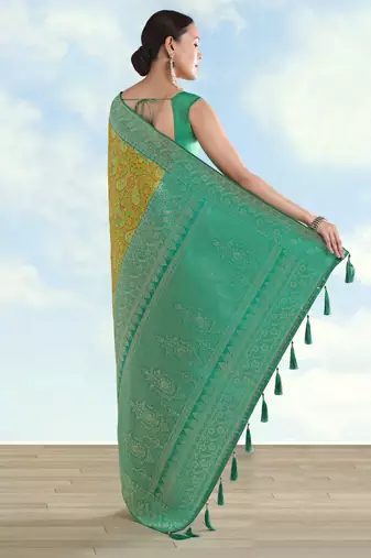 parrot green silk blend banarasi jacuard work saree with unstitched blouse piece