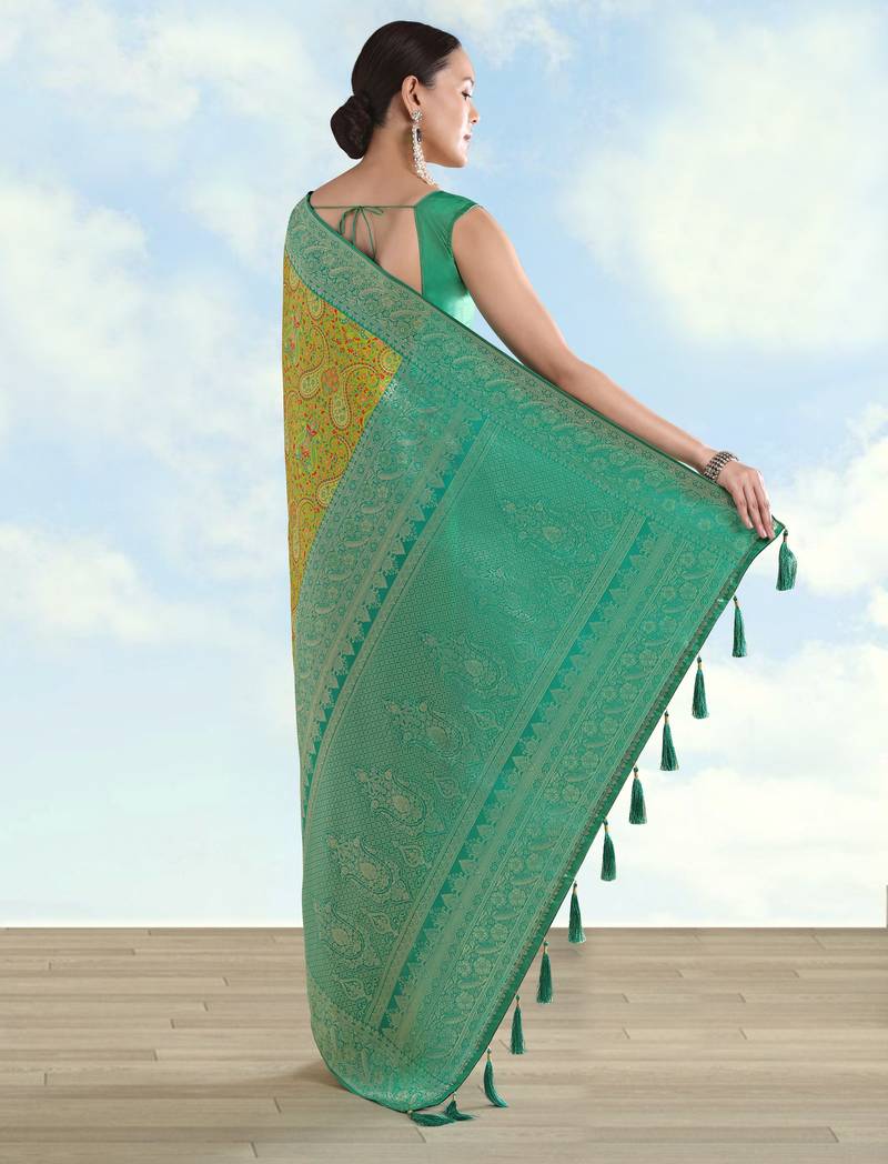 parrot green silk blend banarasi jacuard work saree with unstitched blouse piece
