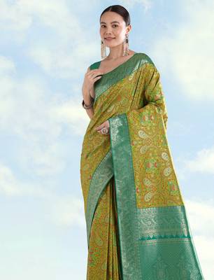 parrot green silk blend banarasi jacuard work saree with unstitched blouse piece 4