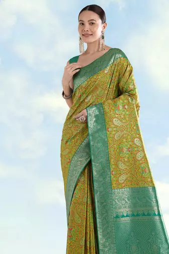 parrot green silk blend banarasi jacuard work saree with unstitched blouse piece