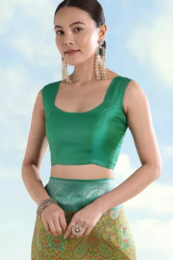 parrot green silk blend banarasi jacuard work saree with unstitched blouse piece