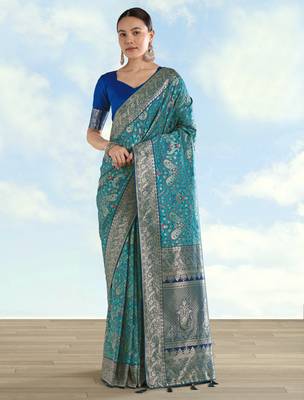 sky blue silk blend banarasi jacuard work saree with unstitched blouse piece 1