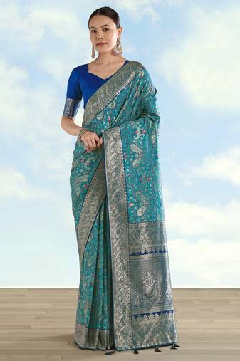 sky blue silk blend banarasi jacuard work saree with unstitched blouse piece