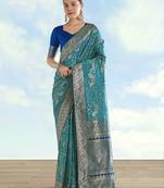 sky blue silk blend banarasi jacuard work saree with unstitched blouse piece