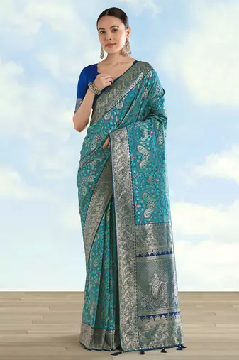 sky blue silk blend banarasi jacuard work saree with unstitched blouse piece