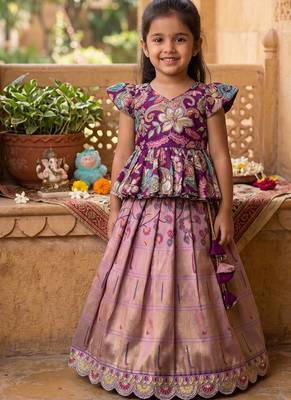Kids tissue silk embroidered lehenga choli with mission work blouse 1