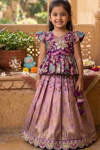Kids tissue silk embroidered lehenga choli with mission work blouse