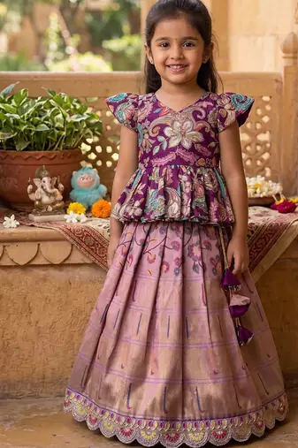 Kids tissue silk embroidered lehenga choli with mission work blouse