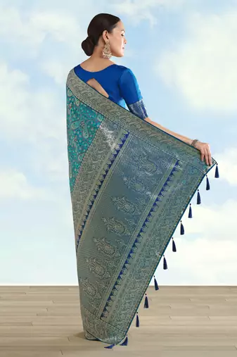 sky blue silk blend banarasi jacuard work saree with unstitched blouse piece