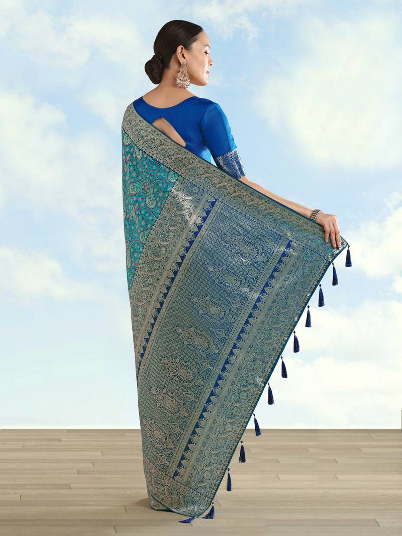 sky blue silk blend banarasi jacuard work saree with unstitched blouse piece