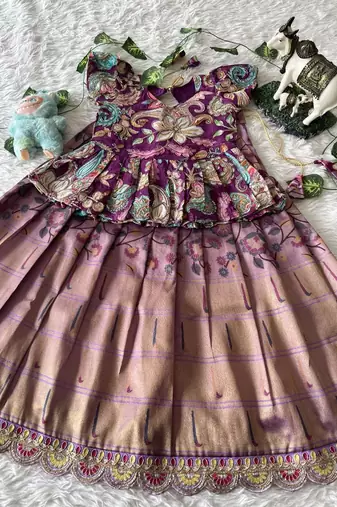 Kids tissue silk embroidered lehenga choli with mission work blouse