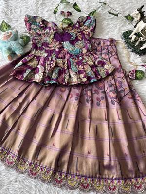 Kids tissue silk embroidered lehenga choli with mission work blouse 3