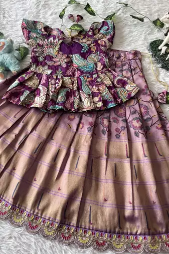 Kids tissue silk embroidered lehenga choli with mission work blouse
