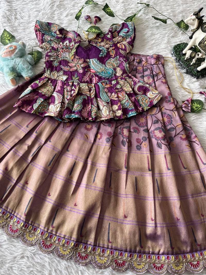 Kids tissue silk embroidered lehenga choli with mission work blouse