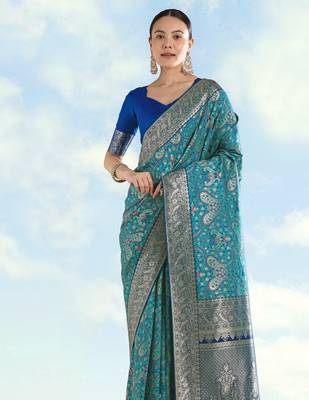 sky blue silk blend banarasi jacuard work saree with unstitched blouse piece 4