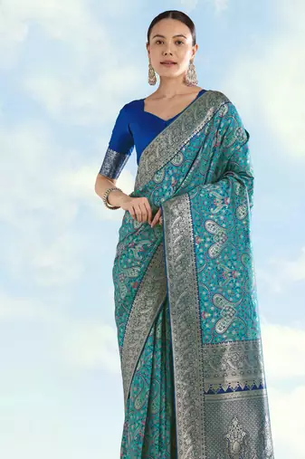 sky blue silk blend banarasi jacuard work saree with unstitched blouse piece