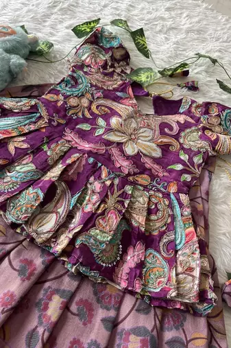 Kids tissue silk embroidered lehenga choli with mission work blouse
