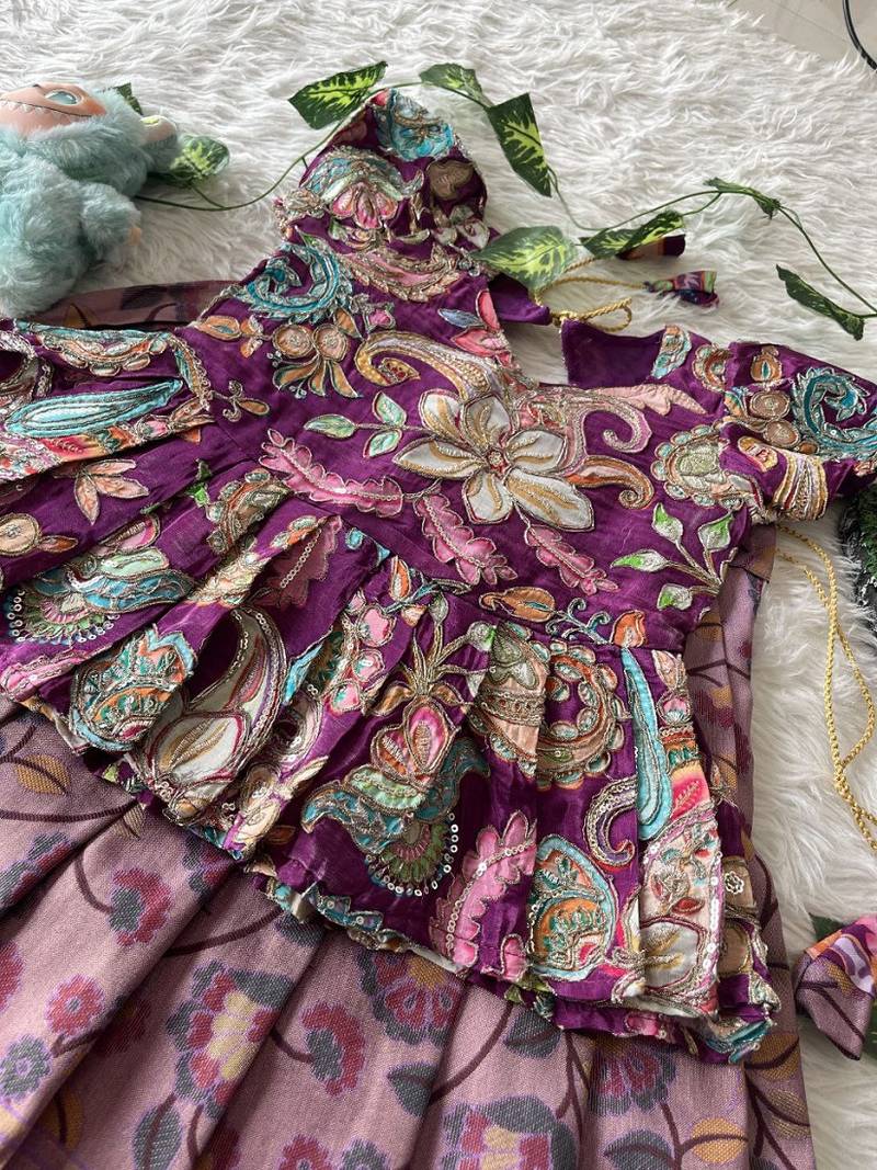Kids tissue silk embroidered lehenga choli with mission work blouse