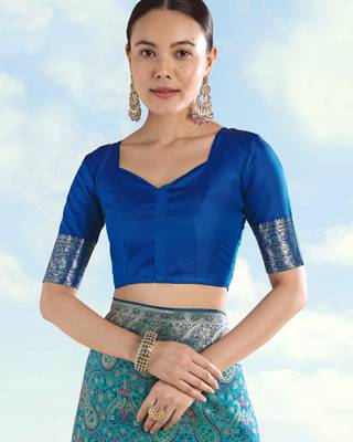 sky blue silk blend banarasi jacuard work saree with unstitched blouse piece 5