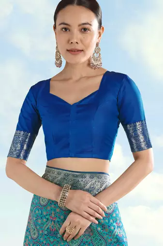 sky blue silk blend banarasi jacuard work saree with unstitched blouse piece
