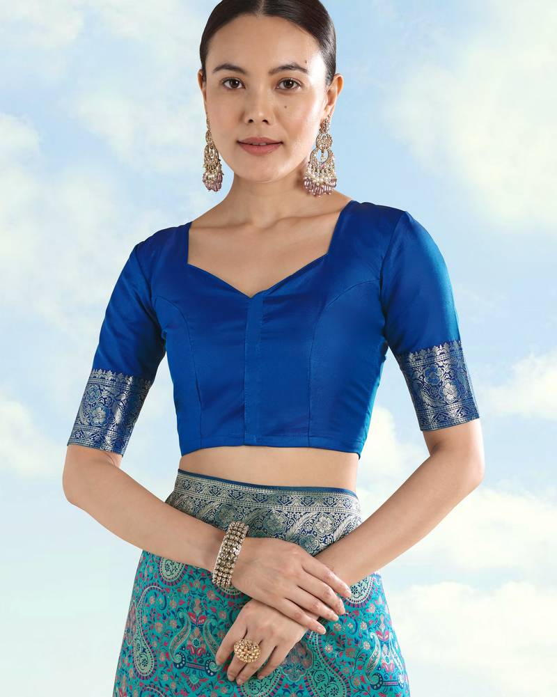 sky blue silk blend banarasi jacuard work saree with unstitched blouse piece
