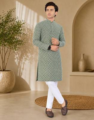 Green color handcrafted luckhnawi chikankari cotton men's kurta payjama set 1